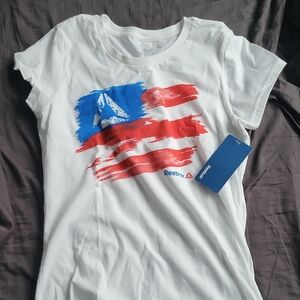 Reebok Graphic Tee in White with Red and Blue
